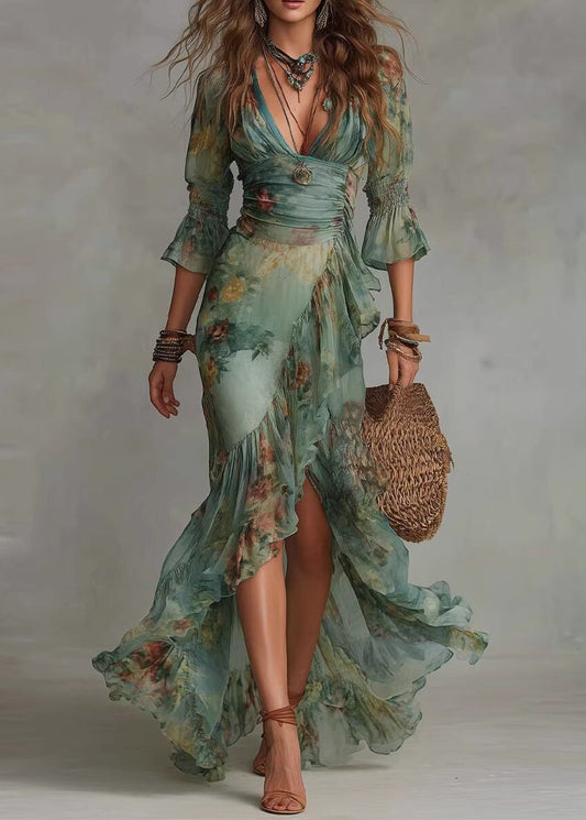 Bohemian Green Ruffled Asymmetrical Print Chiffon Dresses Summer