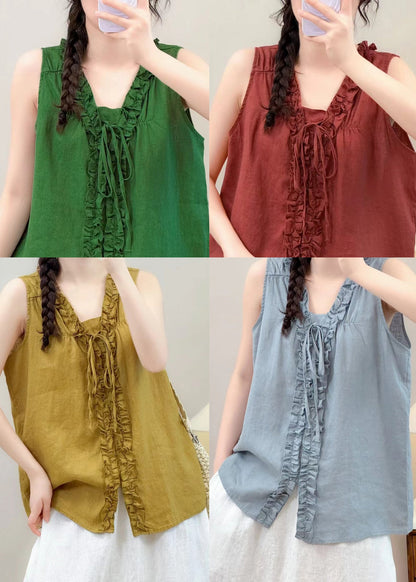 Bohemian Green Ruffled Lace Up Linen Blouse Top Summer