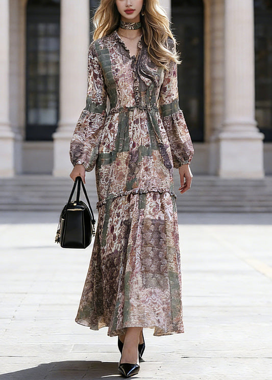 Bohemian Green Ruffled Patchwork Chiffon Vacation Maxi Dresses Spring