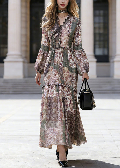 Bohemian Green Ruffled Patchwork Chiffon Vacation Maxi Dresses Spring