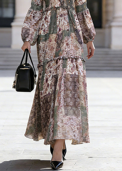 Bohemian Green Ruffled Patchwork Chiffon Vacation Maxi Dresses Spring
