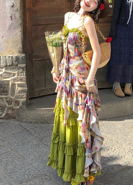 Bohemian Green Ruffled Print Cardigans ,Vest And Maxi Skirts Three Piece Set Long Sleeve