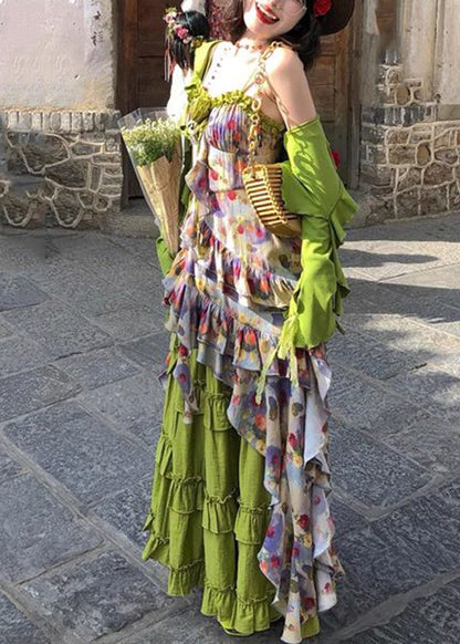 Bohemian Green Ruffled Print Cardigans ,Vest And Maxi Skirts Three Piece Set Long Sleeve