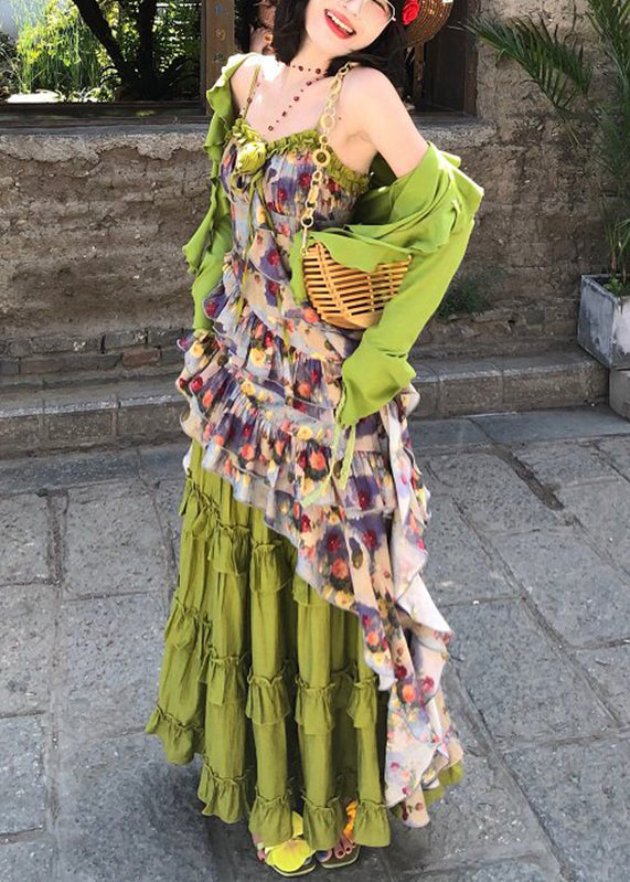 Bohemian Green Ruffled Print Cardigans ,Vest And Maxi Skirts Three Piece Set Long Sleeve