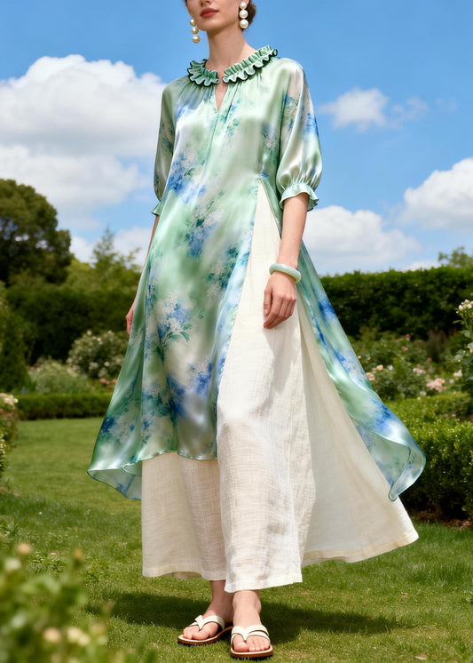 Bohemian Green Ruffled Print Linen Silk Fake Two Piece Dress Summer
