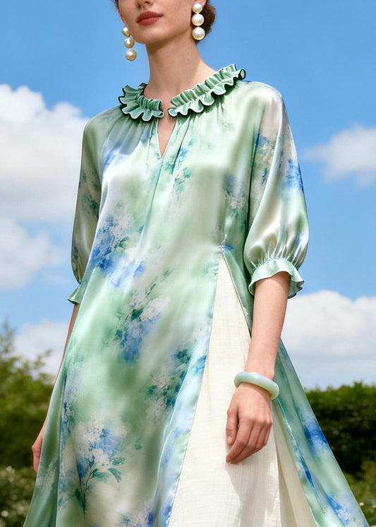 Bohemian Green Ruffled Print Linen Silk Fake Two Piece Dress Summer