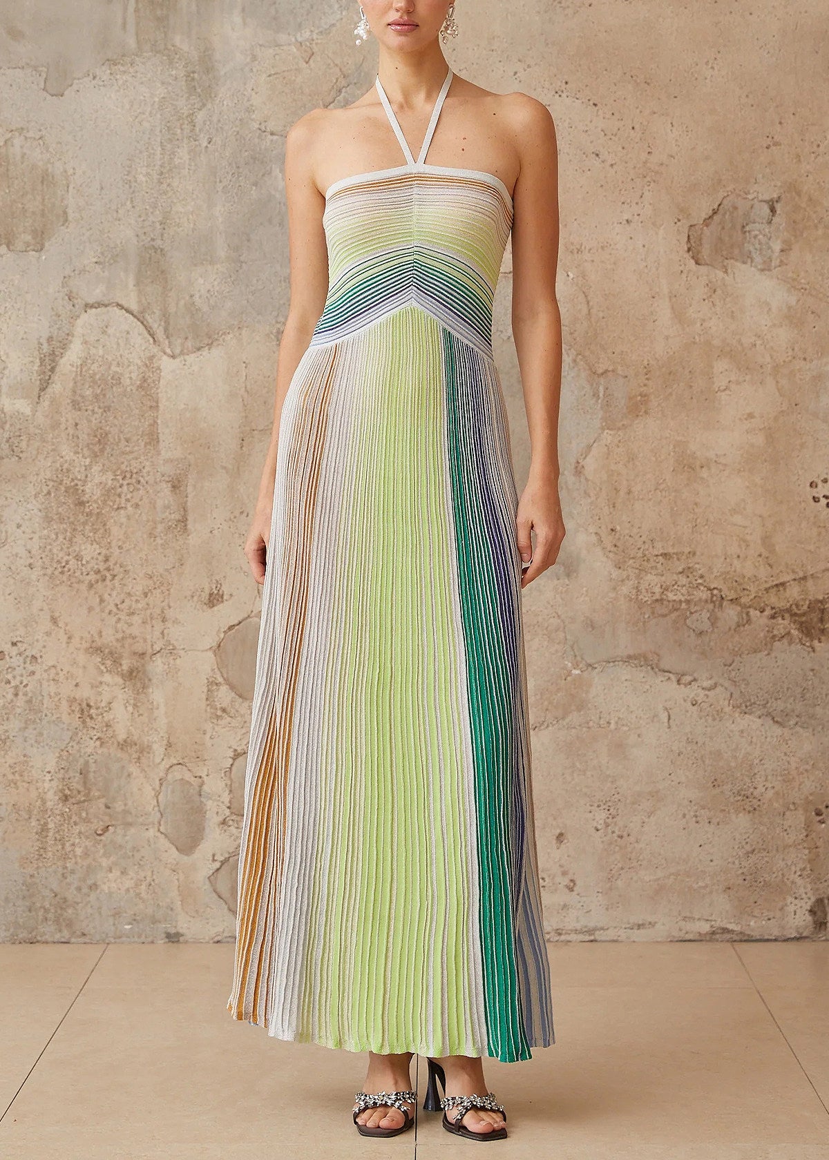 Bohemian Green Striped Neck Strap Ankle Dress Summer
