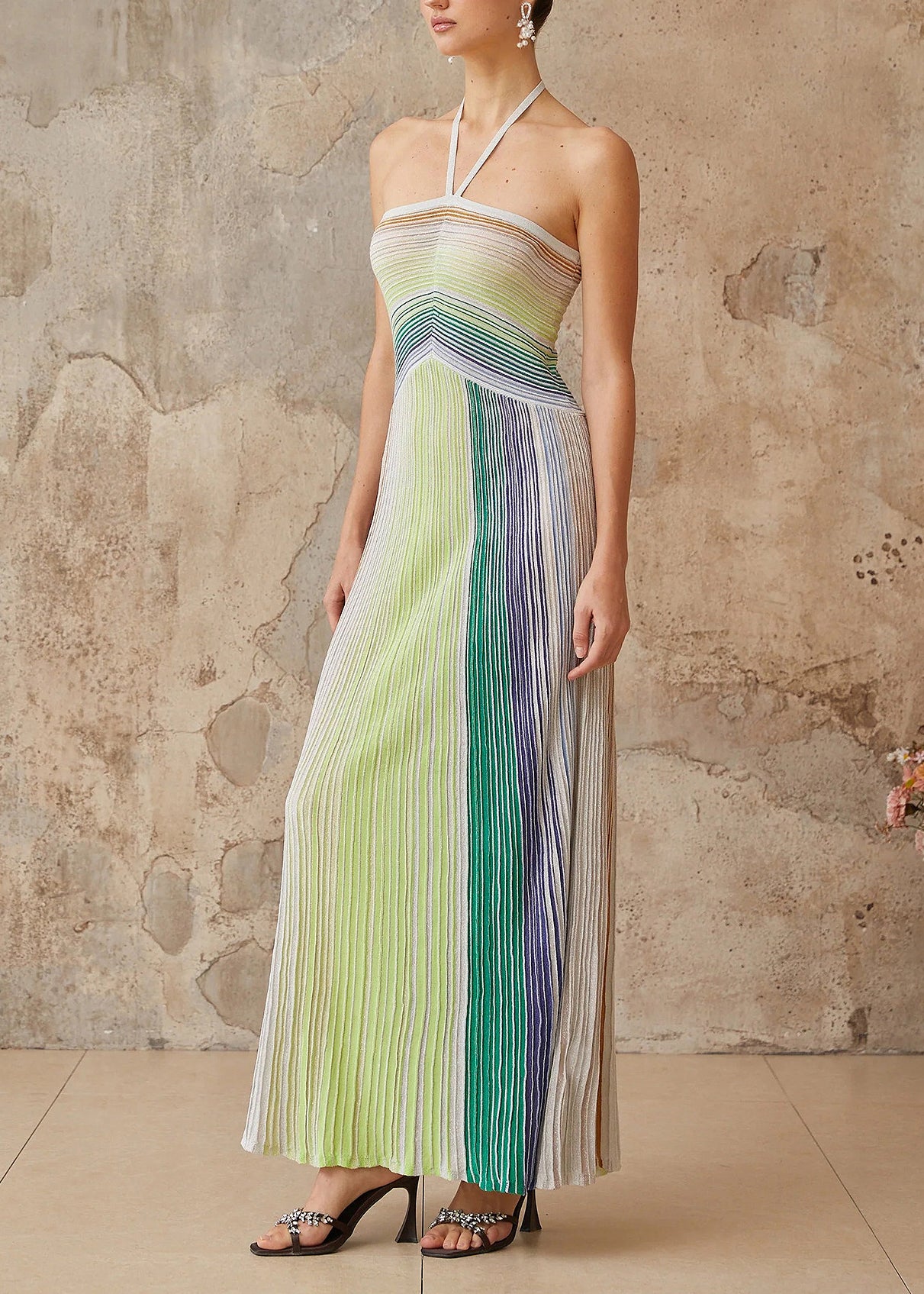Bohemian Green Striped Neck Strap Ankle Dress Summer