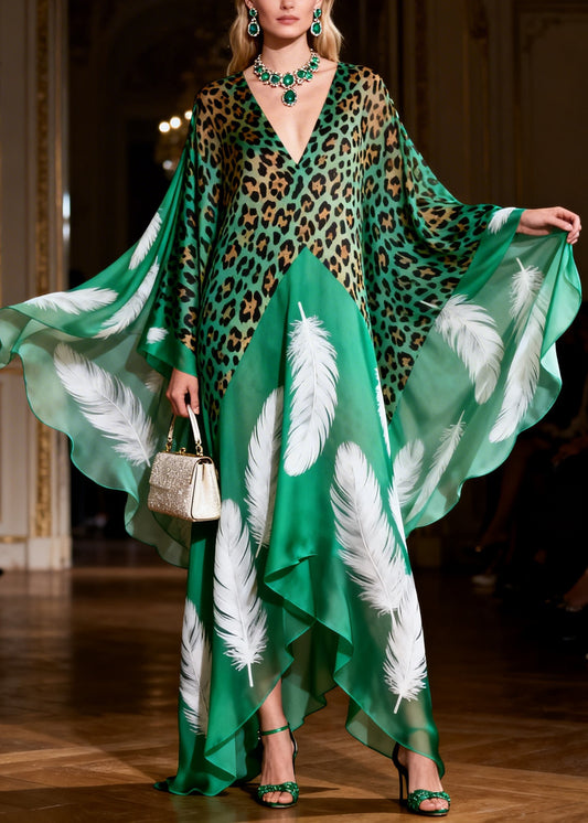 Bohemian Green V Neck Leopard Feather Print Silk Long Dresses Summer