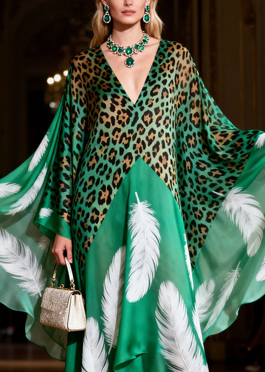 Bohemian Green V Neck Leopard Feather Print Silk Long Dresses Summer
