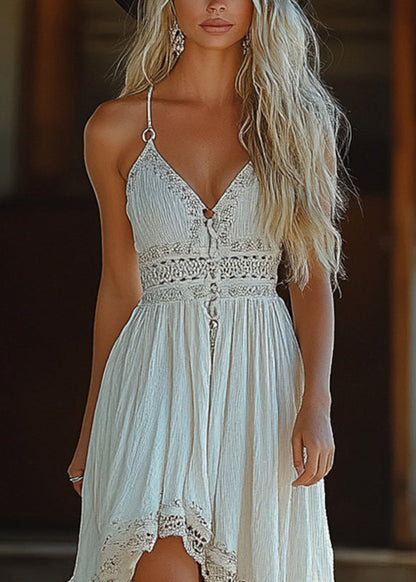 Bohemian-Green-V-Neck-Plaid-Button-Chiffon-Long-Dress-Sleeveless