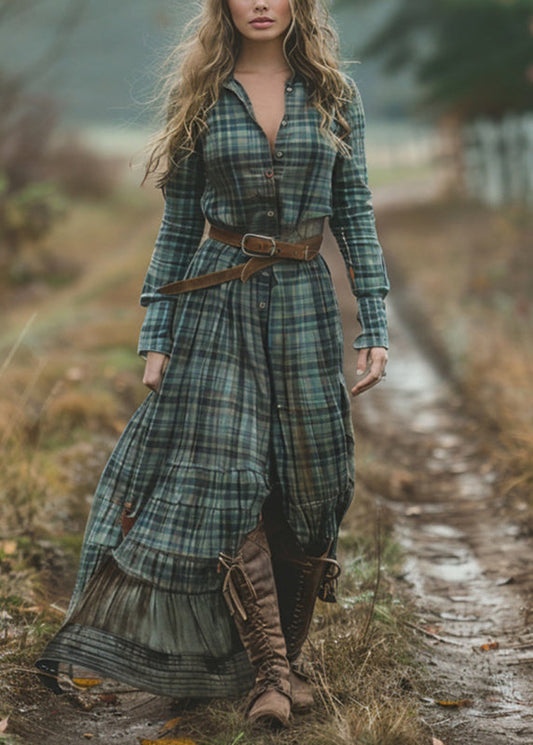 Bohemian-Green-V-Neck-Plaid-Button-Chiffon-Long-Dress-Spring
