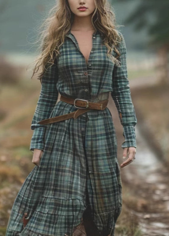 Bohemian-Green-V-Neck-Plaid-Button-Chiffon-Long-Dress-Spring