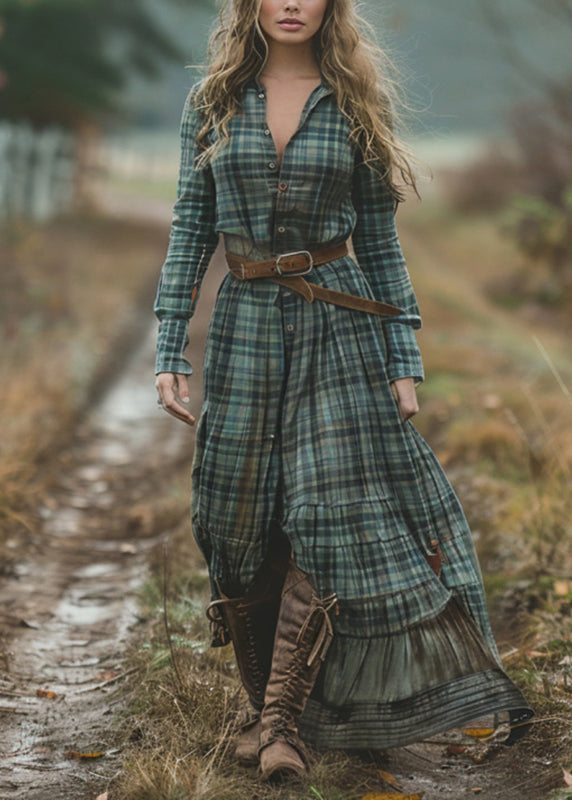 Bohemian-Green-V-Neck-Plaid-Button-Chiffon-Long-Dress-Spring