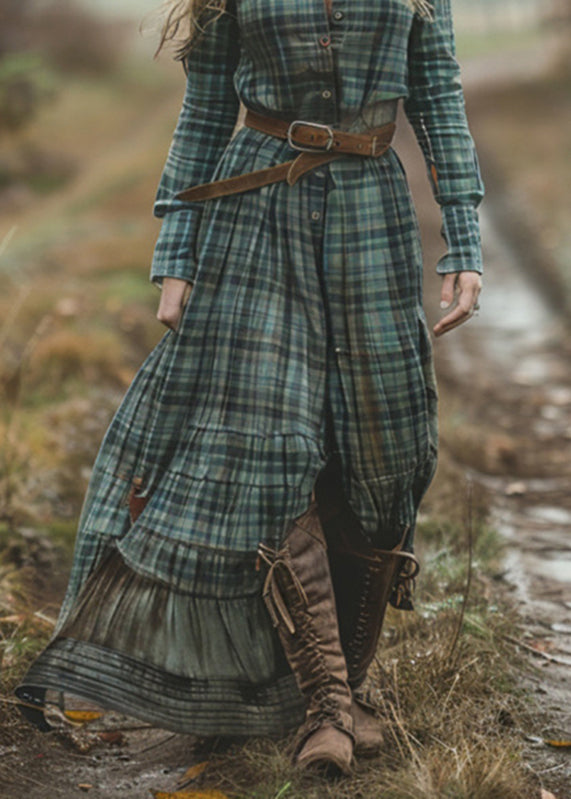 Bohemian-Green-V-Neck-Plaid-Button-Chiffon-Long-Dress-Spring