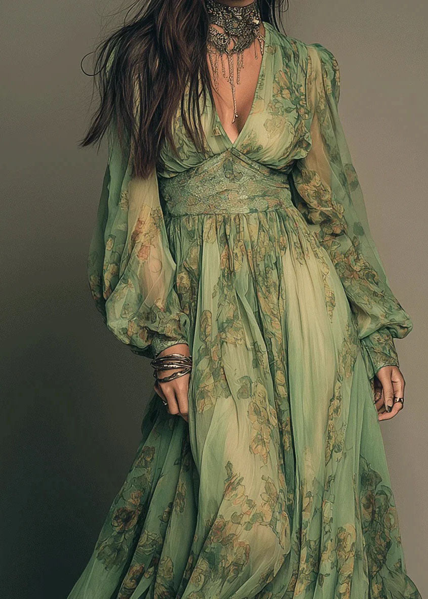 Bohemian Green V Neck Print Chiffon Long Dress Summer