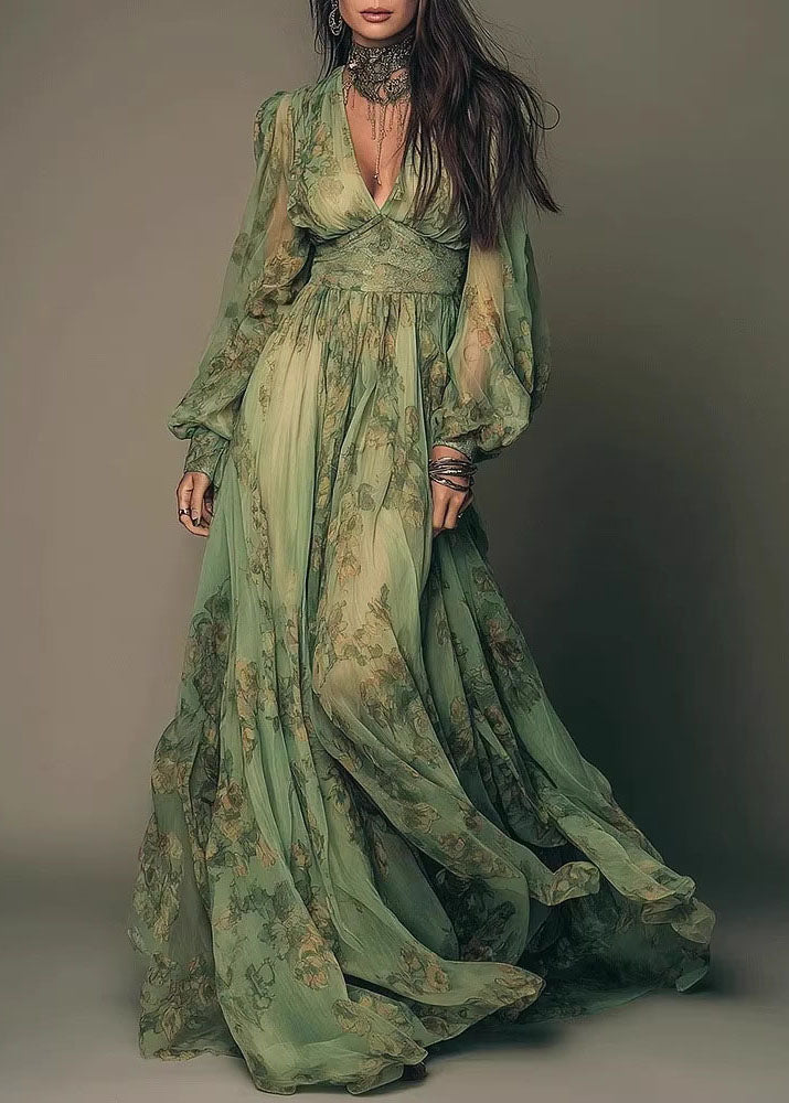 Bohemian Green V Neck Print Chiffon Long Dress Summer