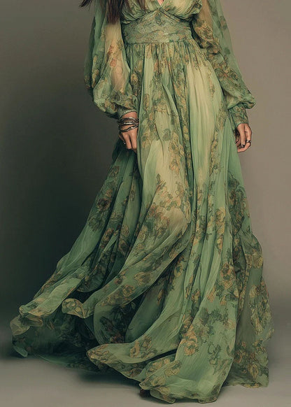 Bohemian Green V Neck Print Chiffon Long Dress Summer