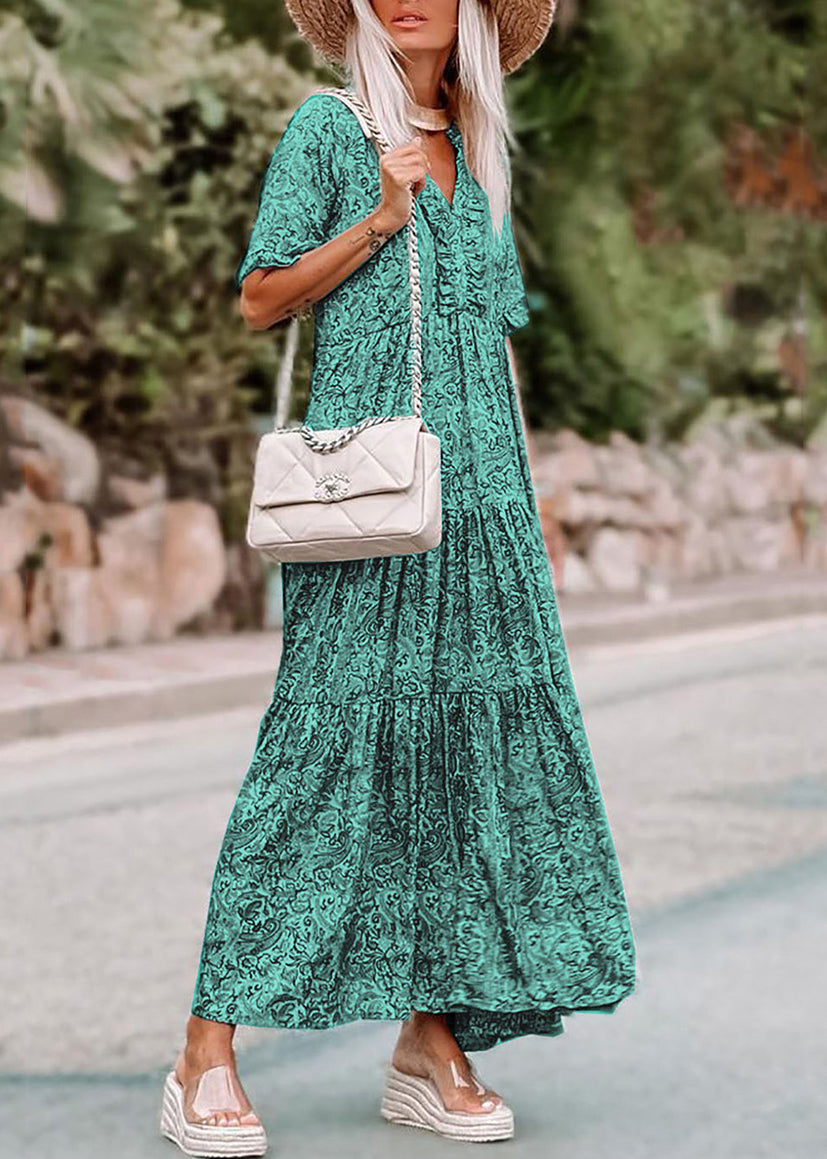 Bohemian Green V Neck Print Long Dress Short Sleev
