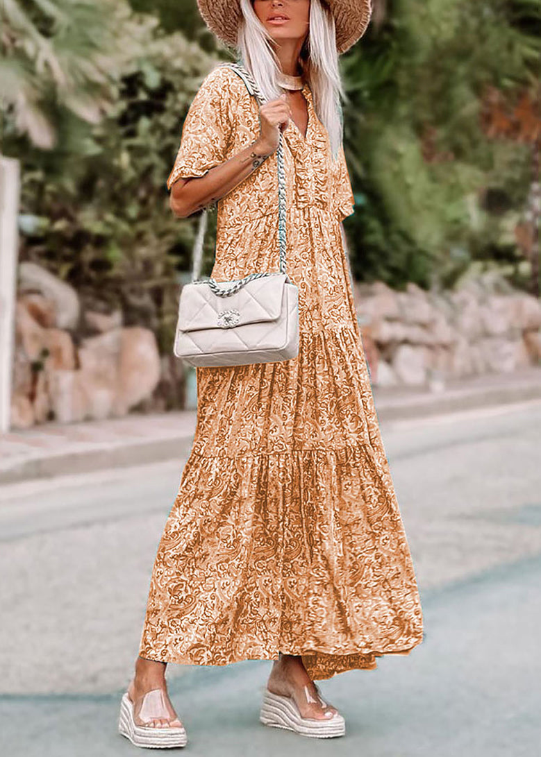 Bohemian Green V Neck Print Long Dress Short Sleev
