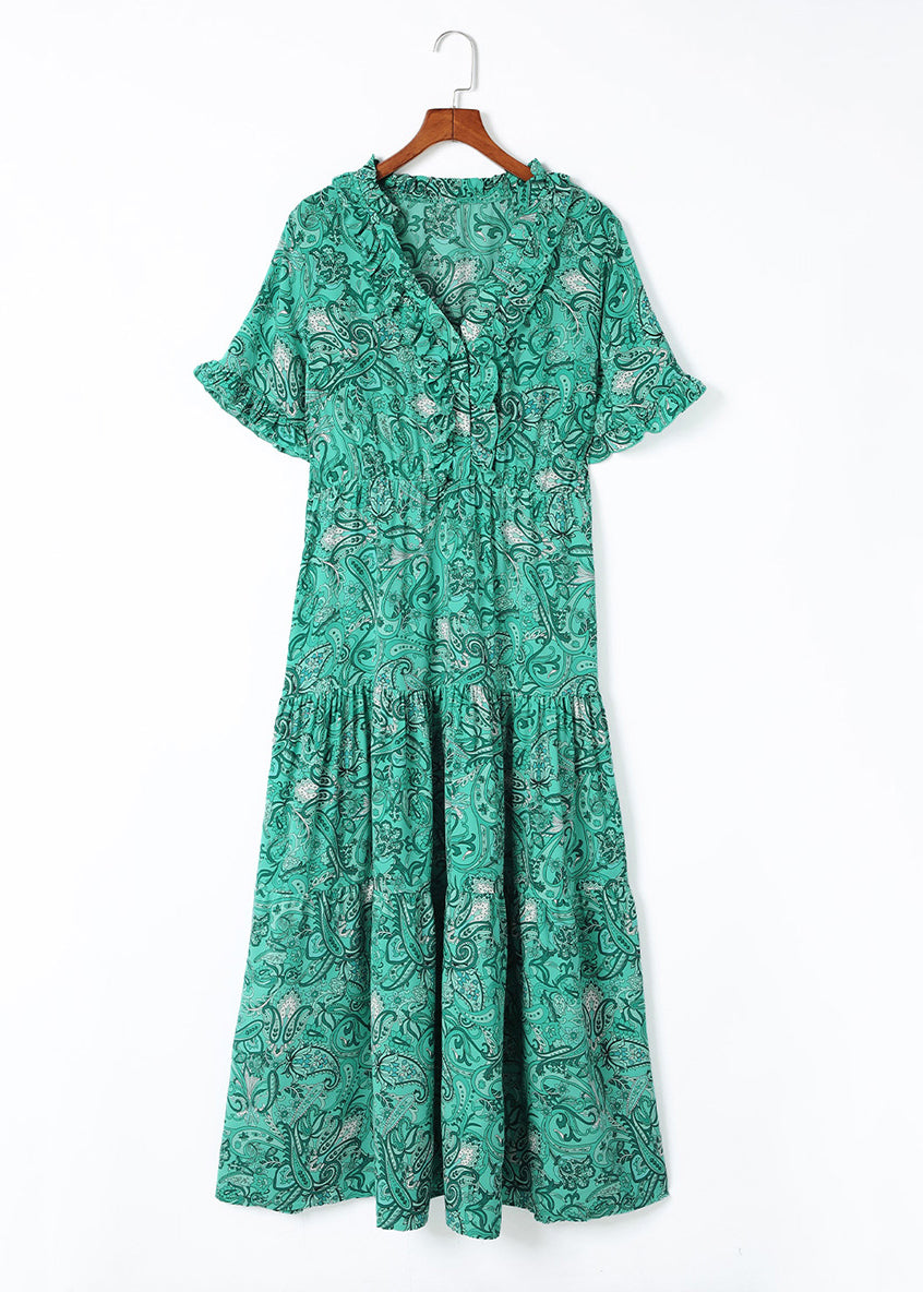 Bohemian Green V Neck Print Long Dress Short Sleev