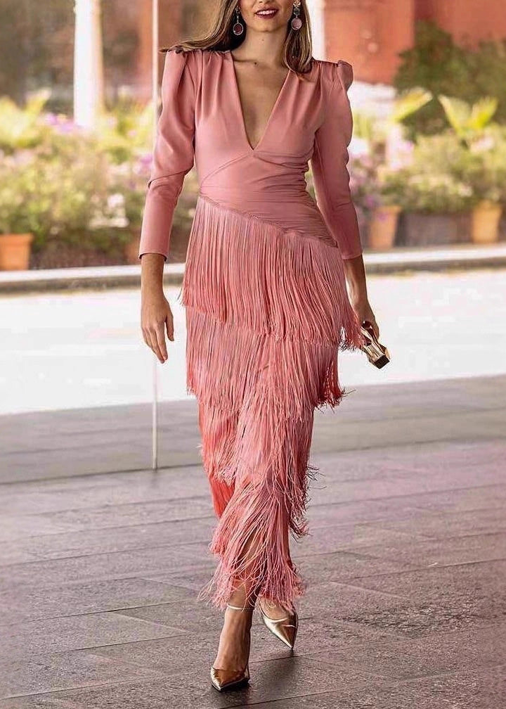 Bohemian Green V Neck Tassel Patchwork Cotton Dress Spring