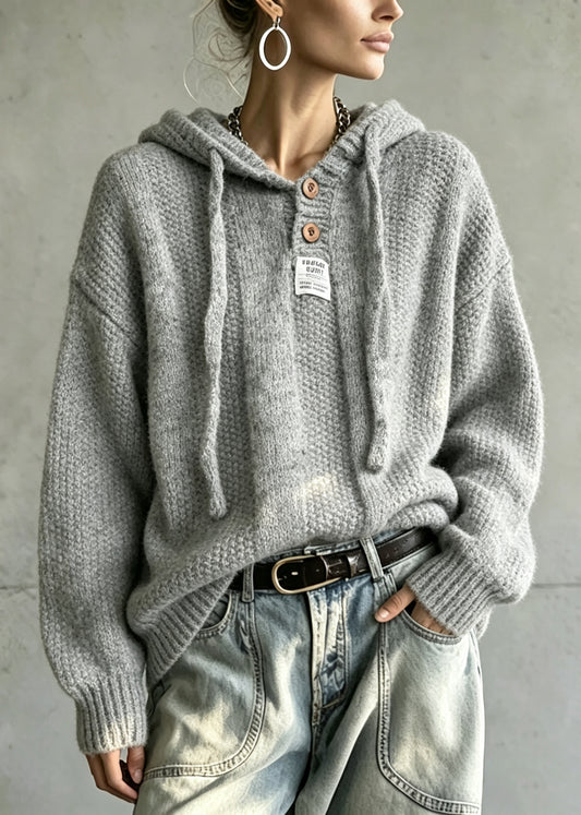 Bohemian Grey Hooded Oversized Knit Sweater Winter