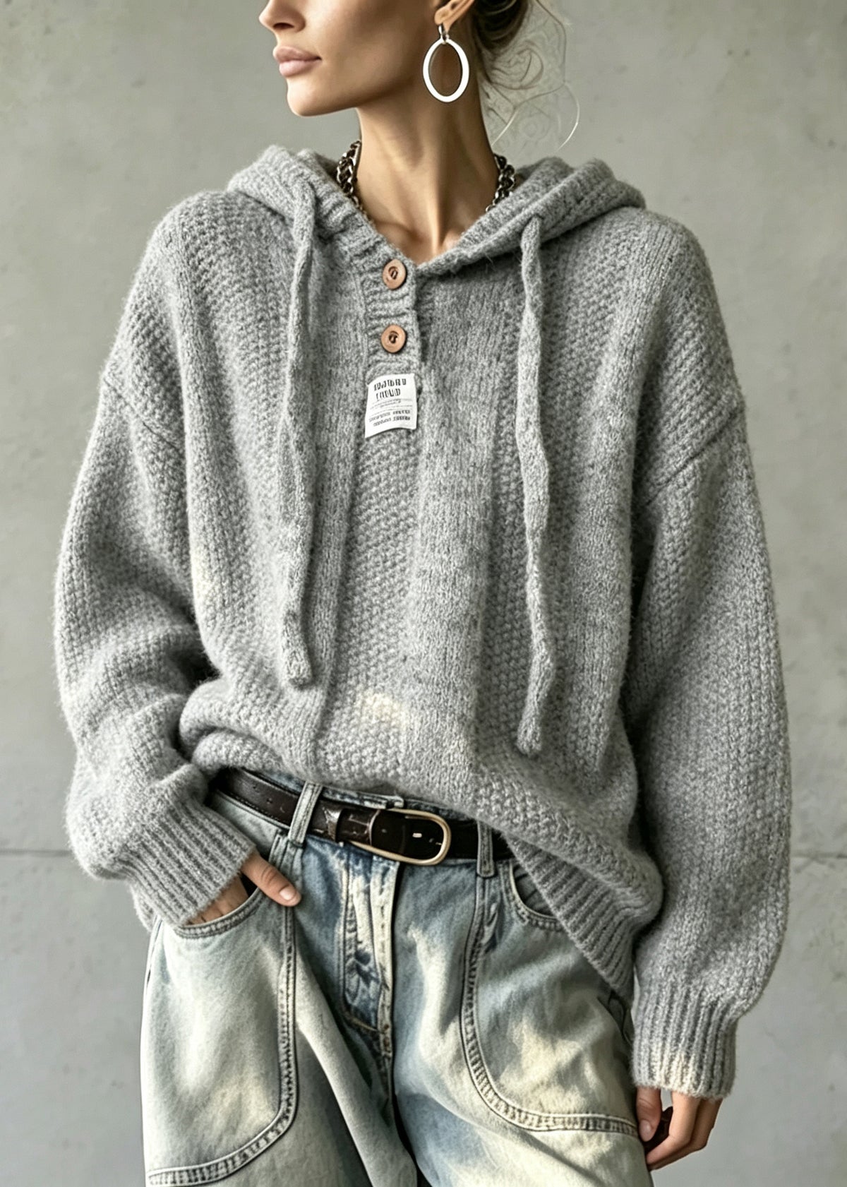 Bohemian Grey Hooded Oversized Knit Sweater Winter
