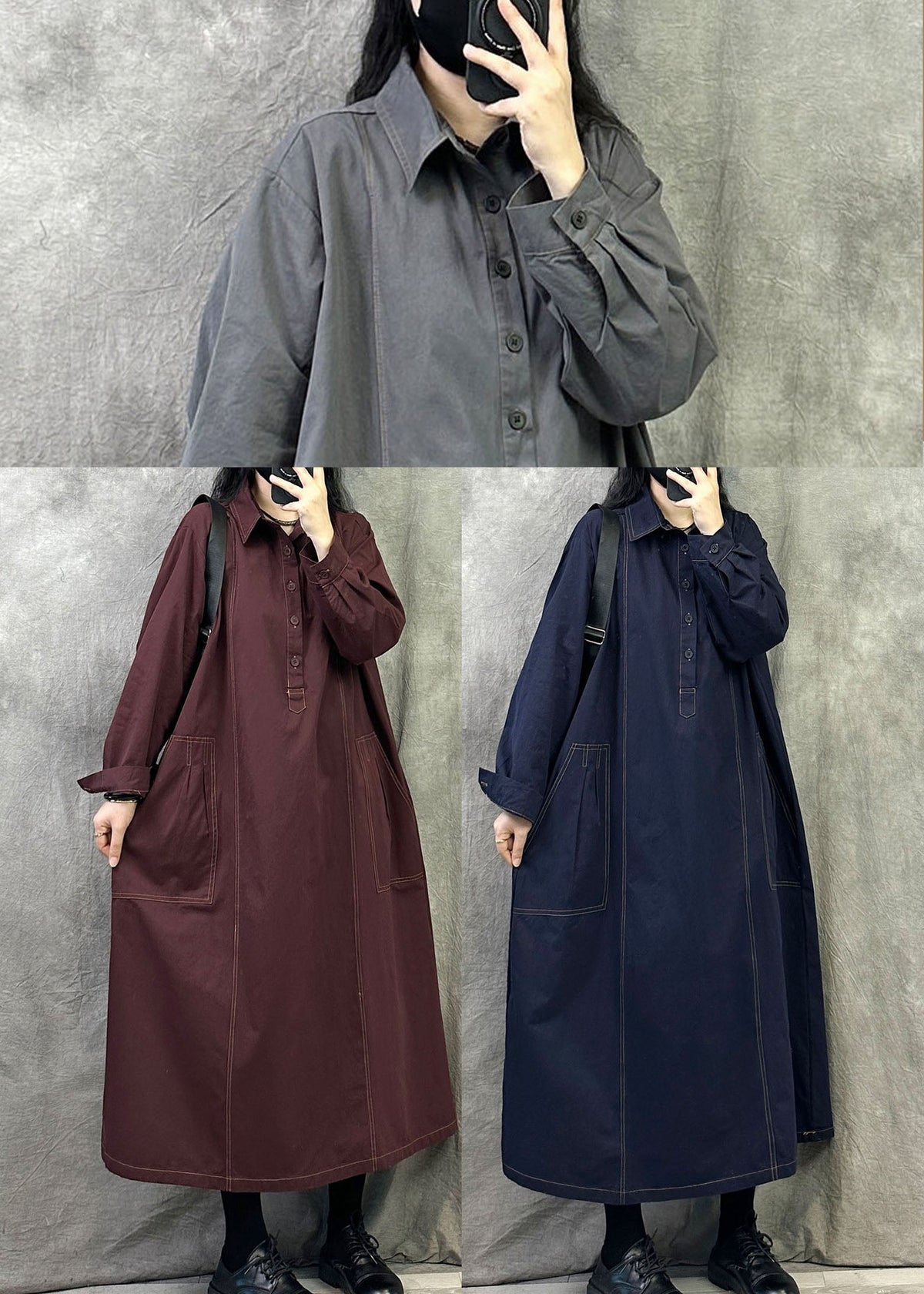 Bohemian Grey Oversized Cotton A Line Dresses Fall