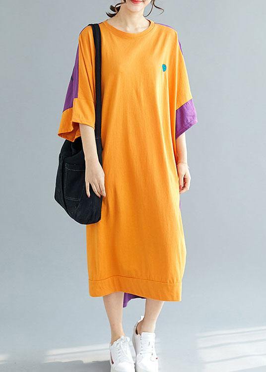 Bohemian Grey Patchwork Orange Low High Graphic Summer Half Sleeve Vacation Dress - SooLinen
