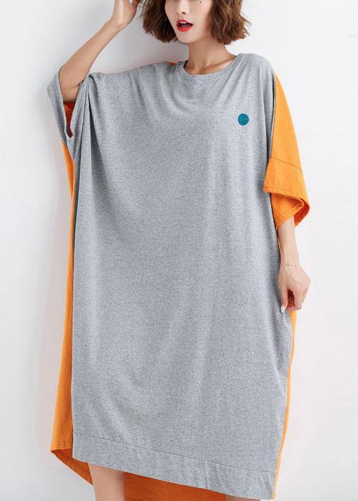 Bohemian Grey Patchwork Orange Low High Graphic Summer Half Sleeve Vacation Dress - SooLinen