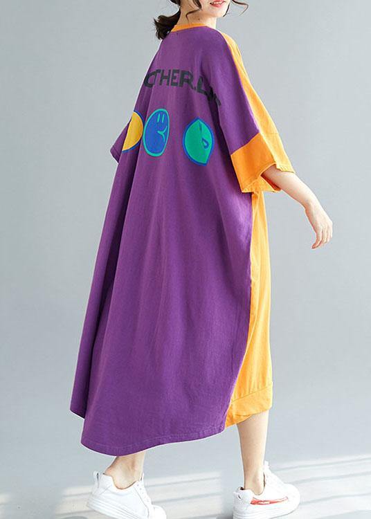 Bohemian Grey Patchwork Orange Low High Graphic Summer Half Sleeve Vacation Dress - SooLinen