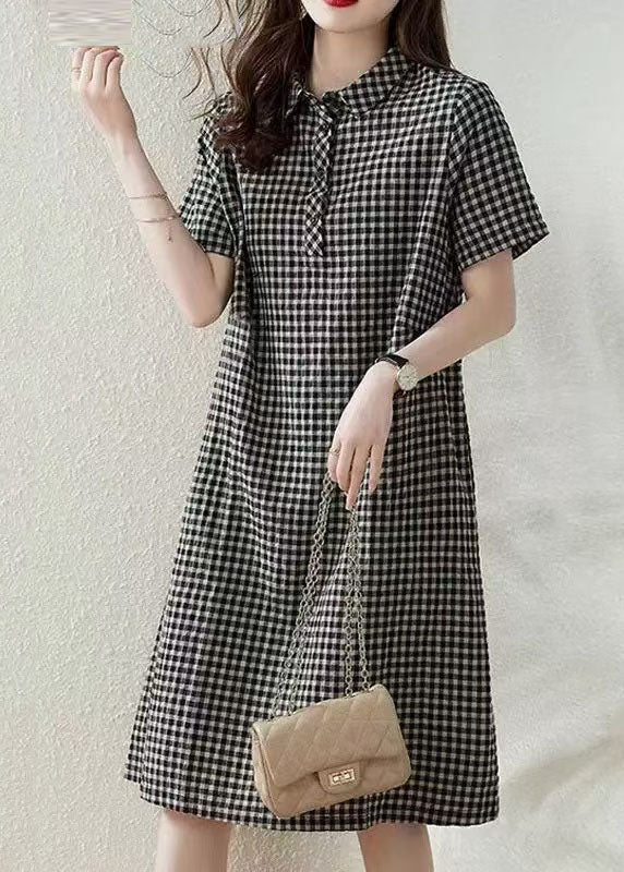 Bohemian Grey Peter Pan Collar Plaid Linen Vacation Dress Summer