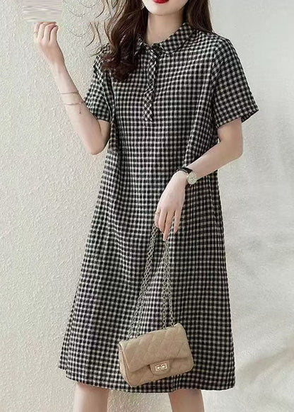 Bohemian Grey Peter Pan Collar Plaid Linen Vacation Dress Summer