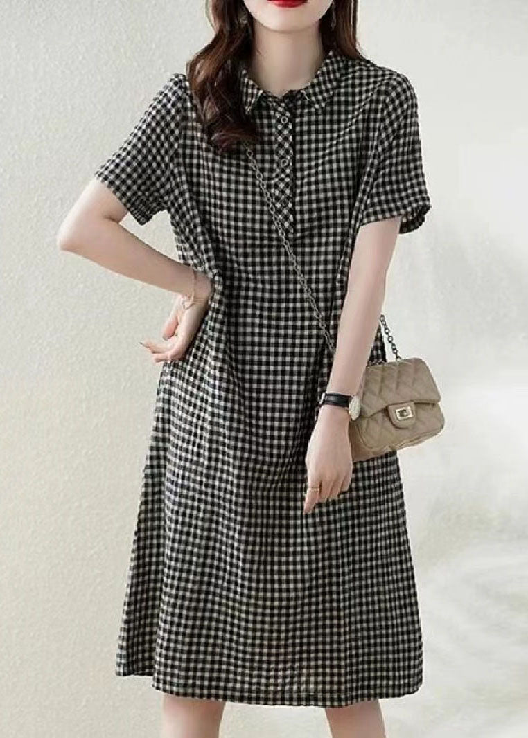 Bohemian Grey Peter Pan Collar Plaid Linen Vacation Dress Summer