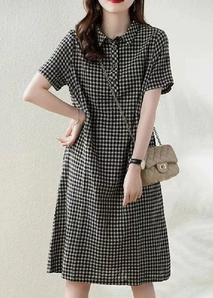 Bohemian Grey Peter Pan Collar Plaid Linen Vacation Dress Summer