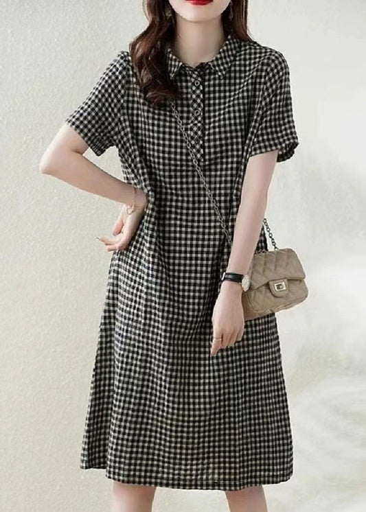 Bohemian Grey Peter Pan Collar Plaid Linen Vacation Dress Summer