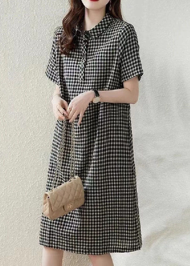 Bohemian Grey Peter Pan Collar Plaid Linen Vacation Dress Summer