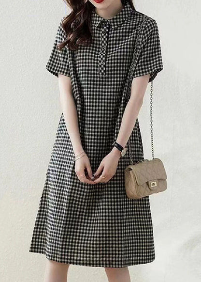 Bohemian Grey Peter Pan Collar Plaid Linen Vacation Dress Summer