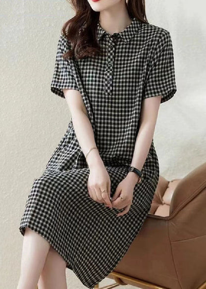 Bohemian Grey Peter Pan Collar Plaid Linen Vacation Dress Summer