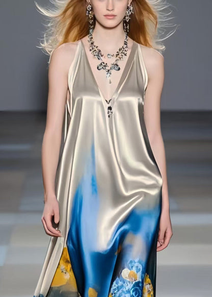 Bohemian Grey Print Draping Silk Mini Dress Summer