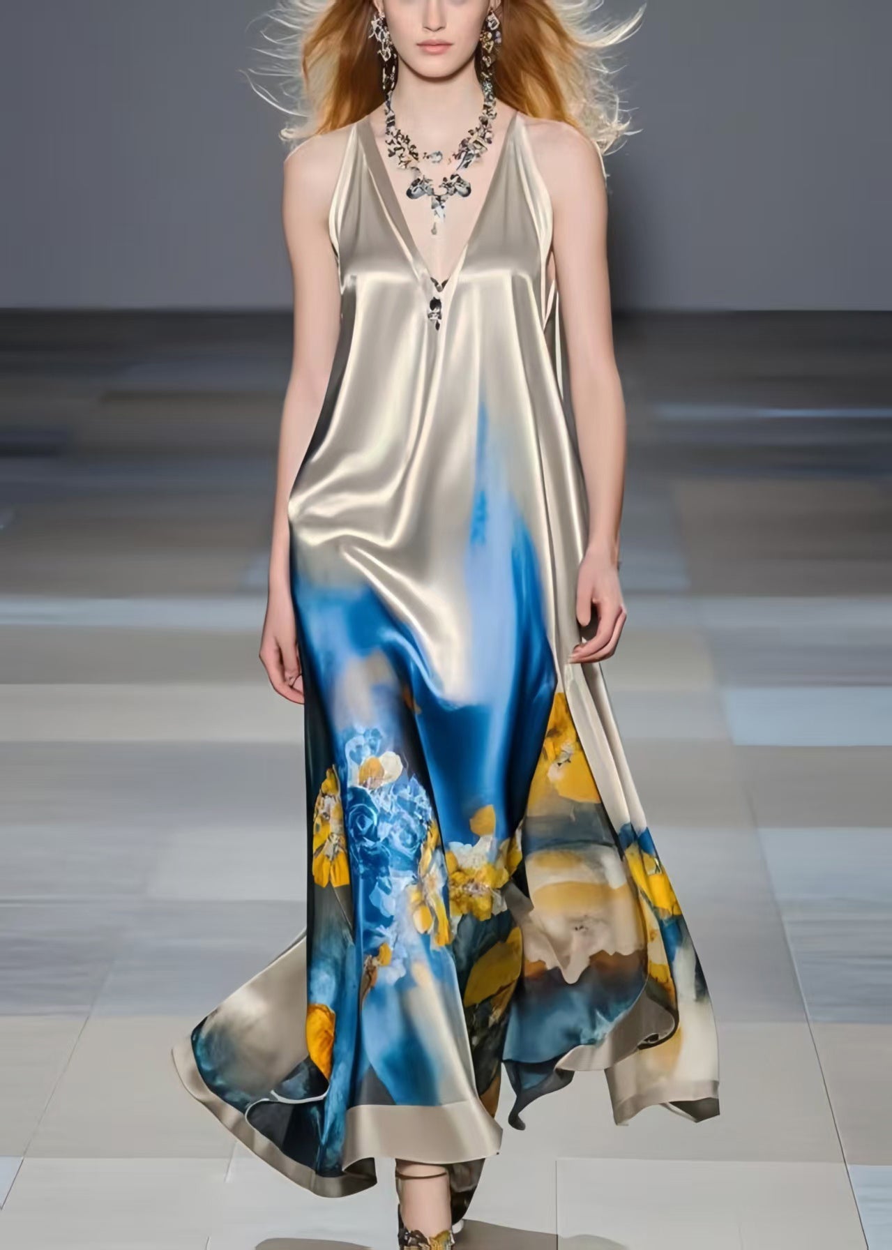 Bohemian Grey Print Draping Silk Mini Dress Summer