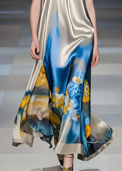 Bohemian Grey Print Draping Silk Mini Dress Summer