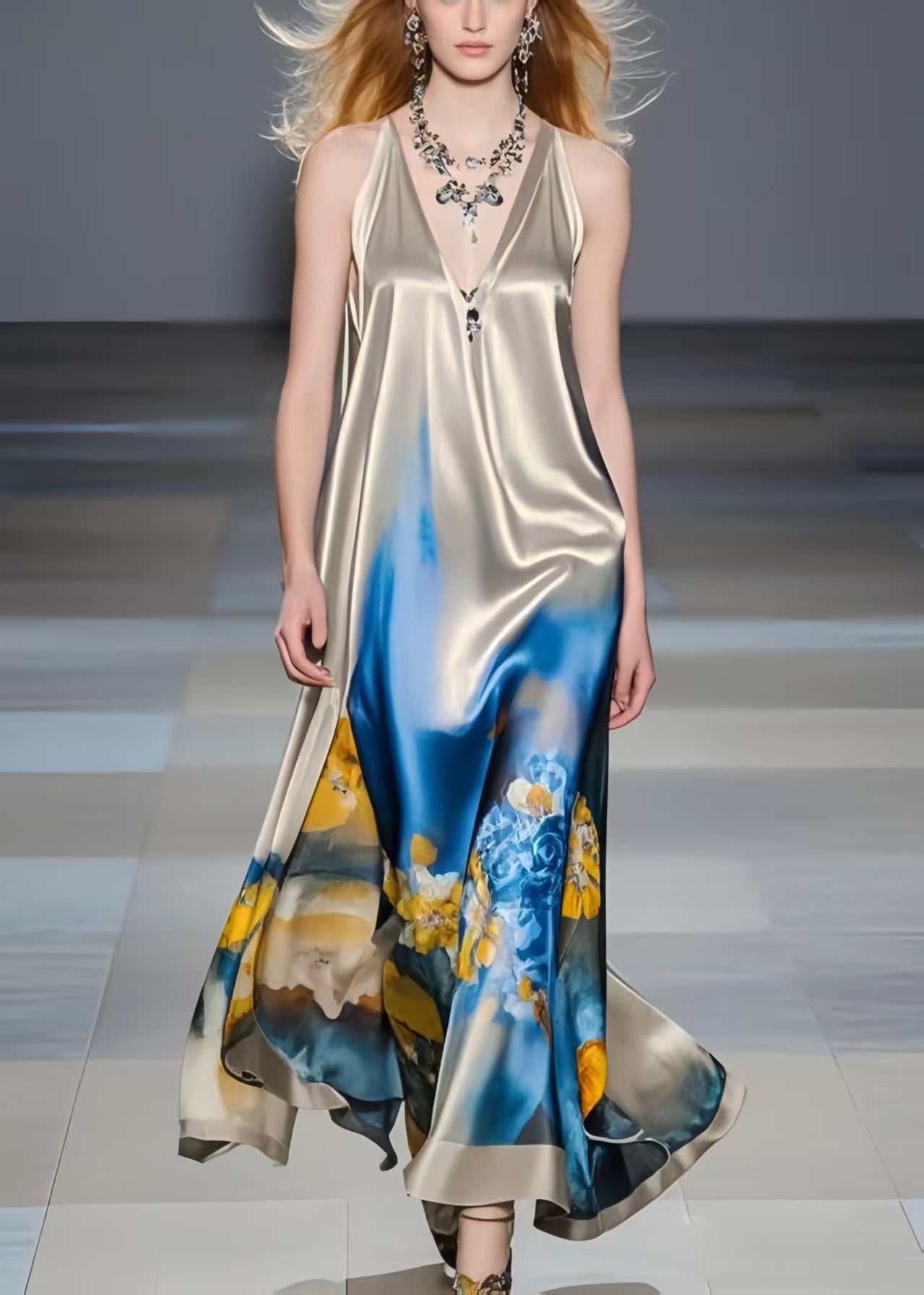 Bohemian Grey Print Draping Silk Mini Dress Summer