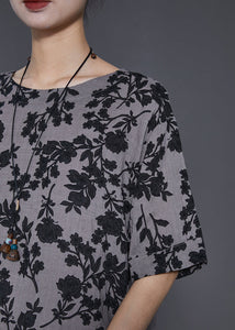 Bohemian Grey Print Side Open Linen Long Tops Summer