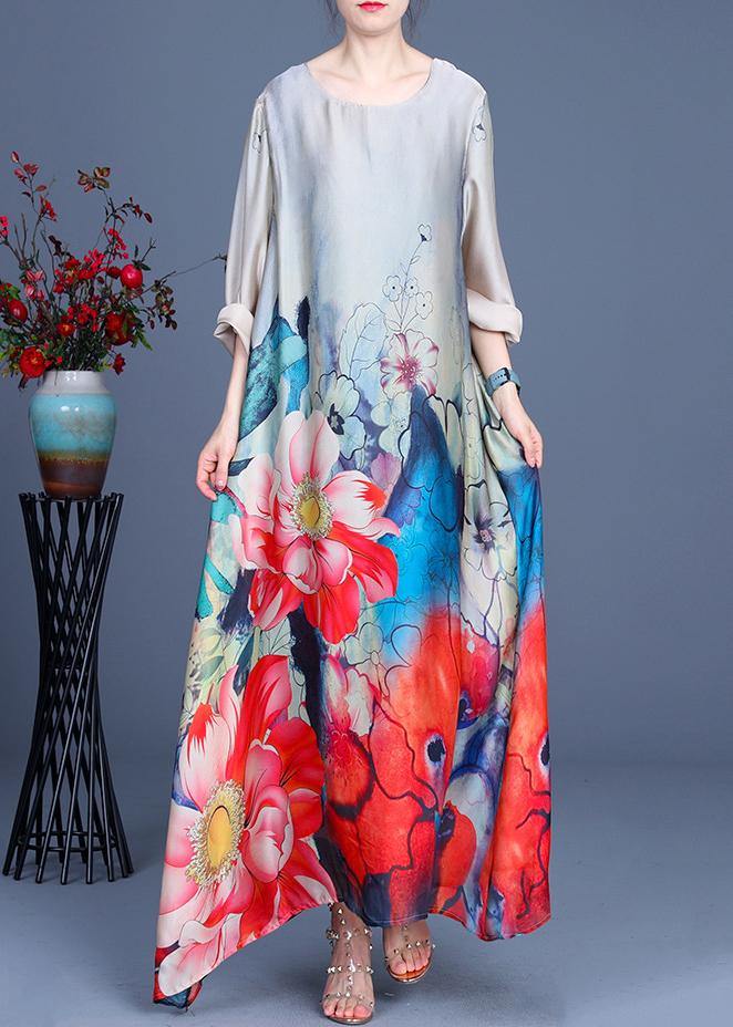 Bohemian Grey Print asymmetrical design Silk Summer Mid Dress - SooLinen