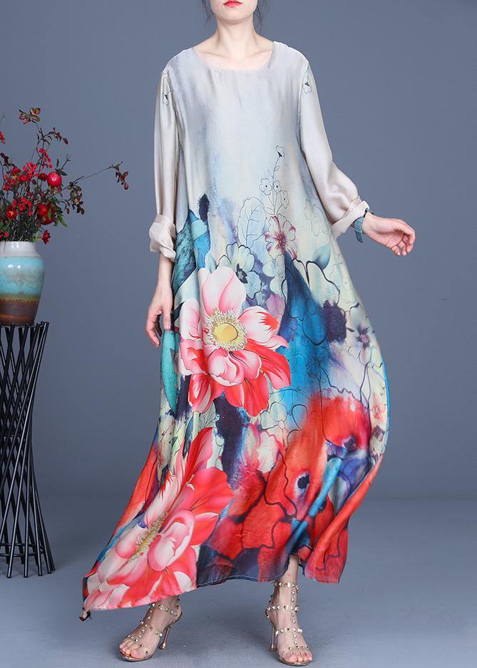 Bohemian Grey Print asymmetrical design Silk Summer Mid Dress - SooLinen
