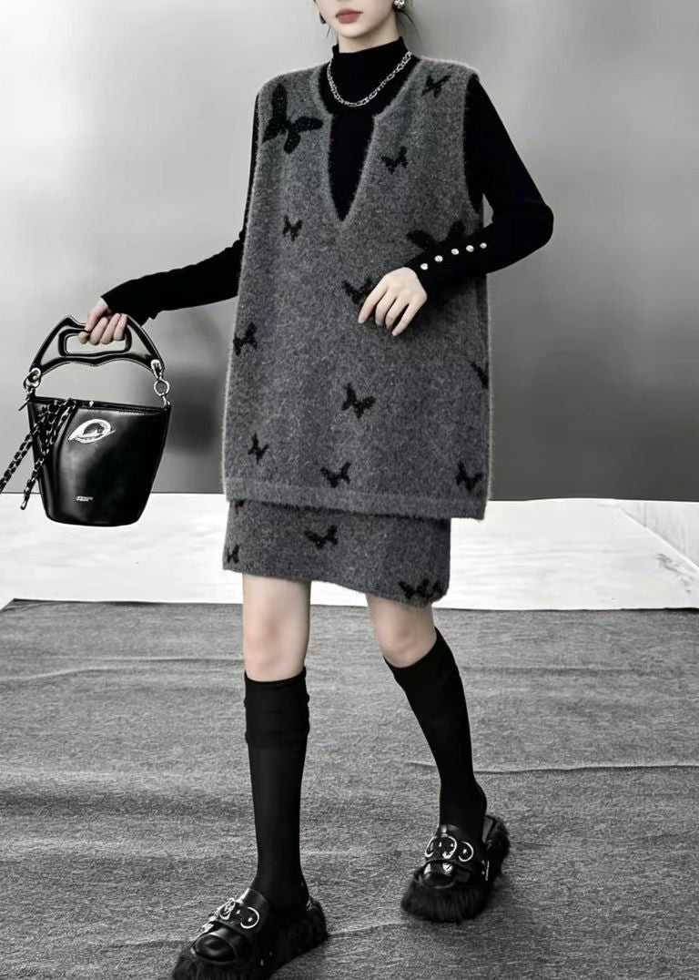Bohemian Grey V Neck Butterfly Waistcoat And Skirts Knit 2 Piece Outfit Fall