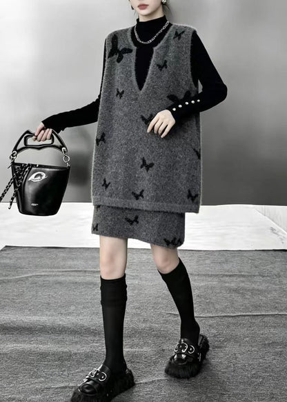 Bohemian Grey V Neck Butterfly Waistcoat And Skirts Knit 2 Piece Outfit Fall