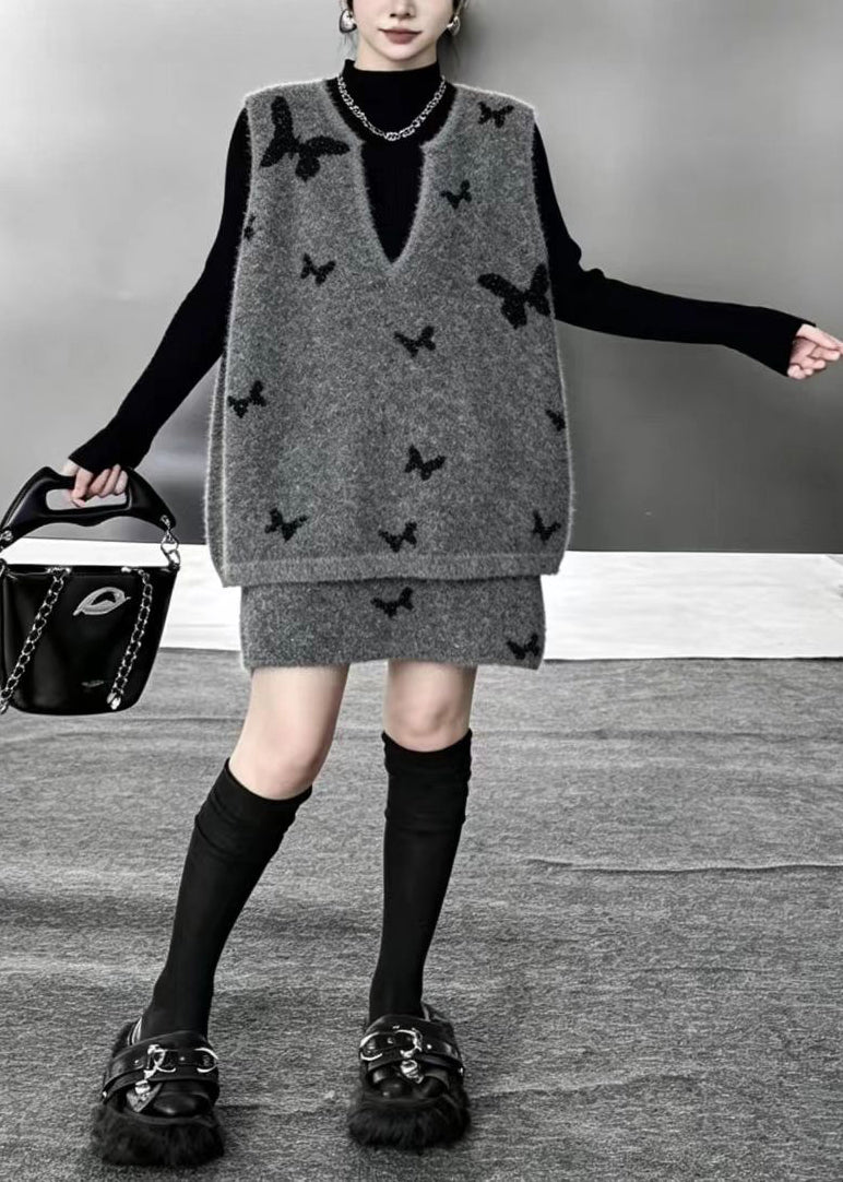 Bohemian Grey V Neck Butterfly Waistcoat And Skirts Knit 2 Piece Outfit Fall